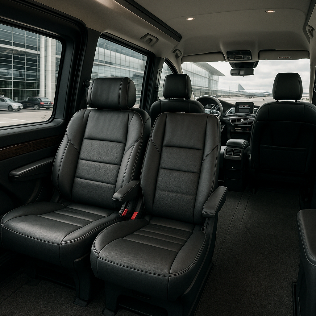Intérieur luxueux d’un van Mercedes haut de gamme utilisé pour les navettes aéroport | First Class Company