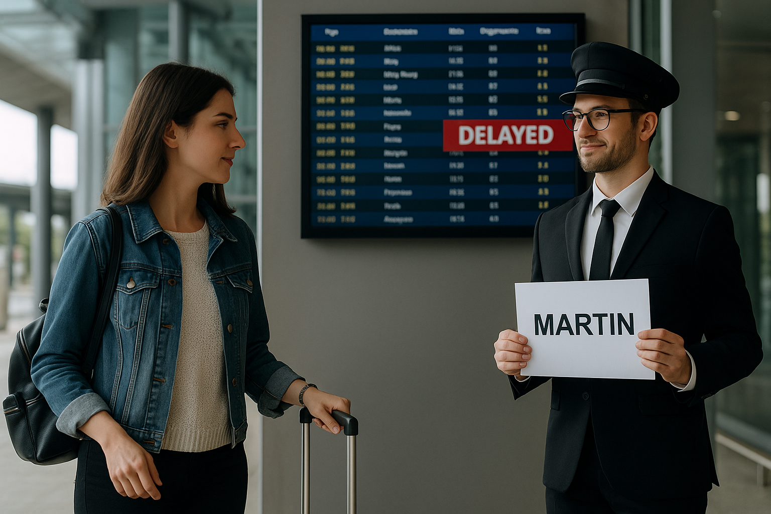 eune femme à l’aéroport devant un panneau d’affichage des vols retardés, représentant l’importance de vérifier la politique de prise en charge en cas de retard | First Class Company