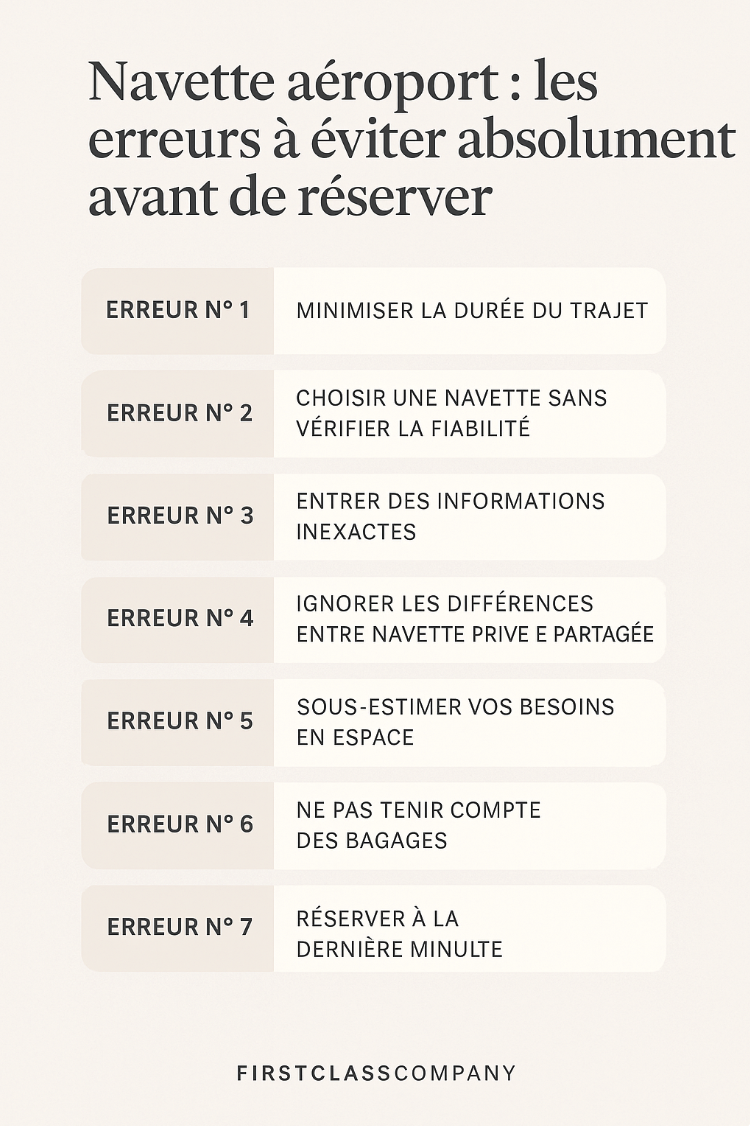 Infographie des 7 erreurs à éviter avant de réserver une navette aéroport privée ou partagée | First Class Company